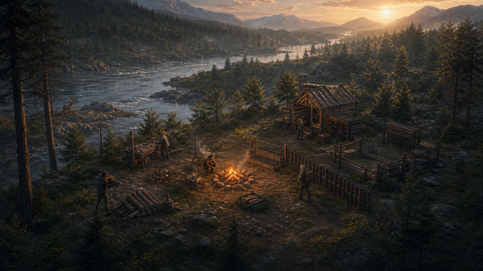 Afterlight survivors building a riverside colony at sunset