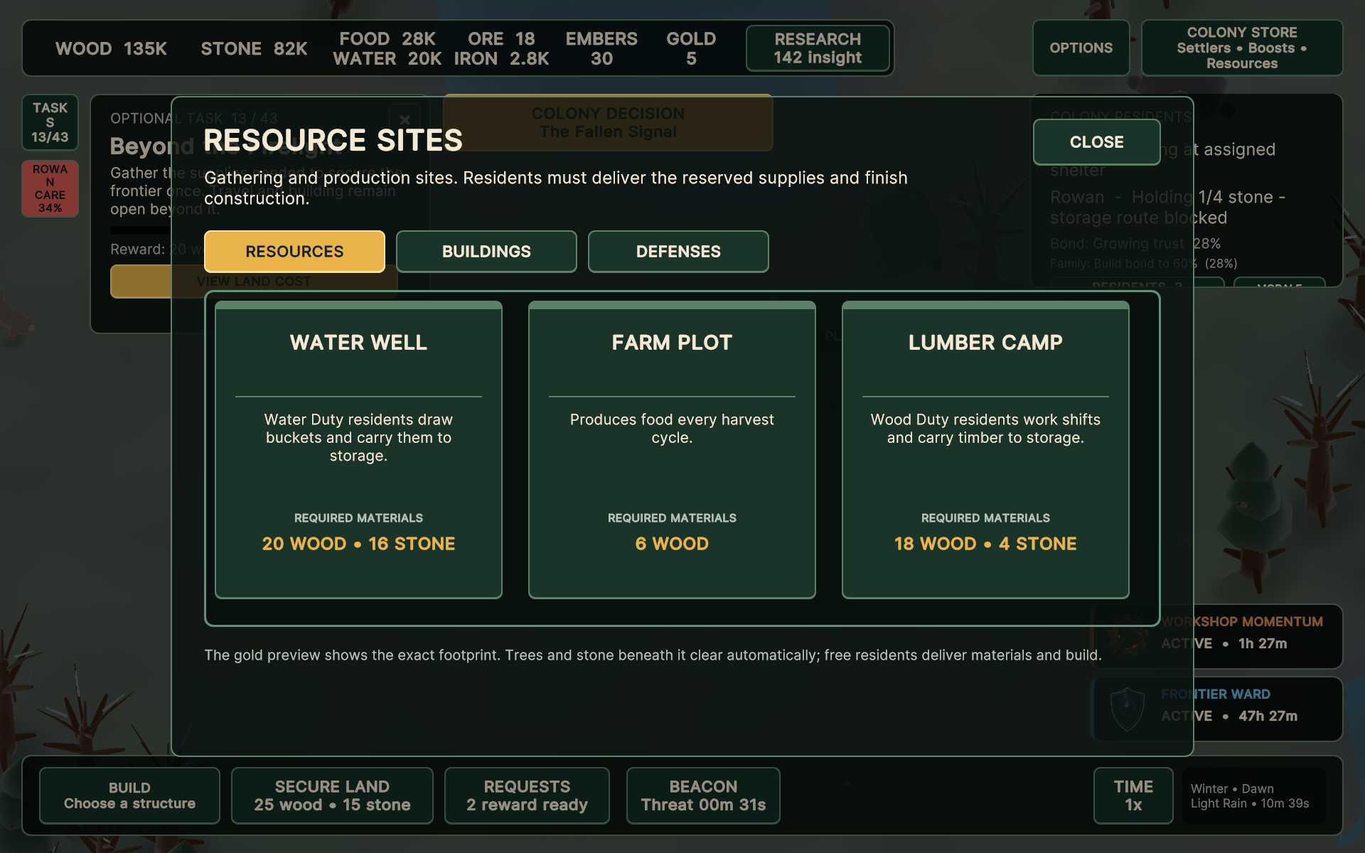 Afterlight building menu showing resource production structures