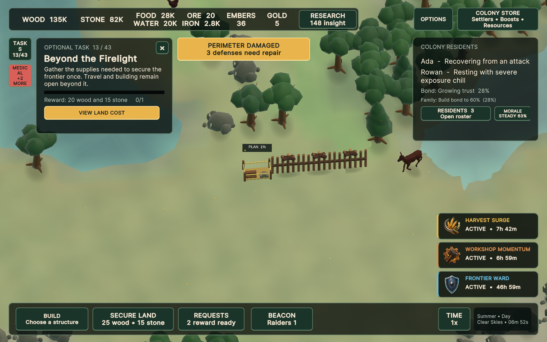 Current Afterlight colony gameplay with wildlife, resources, and settlement controls