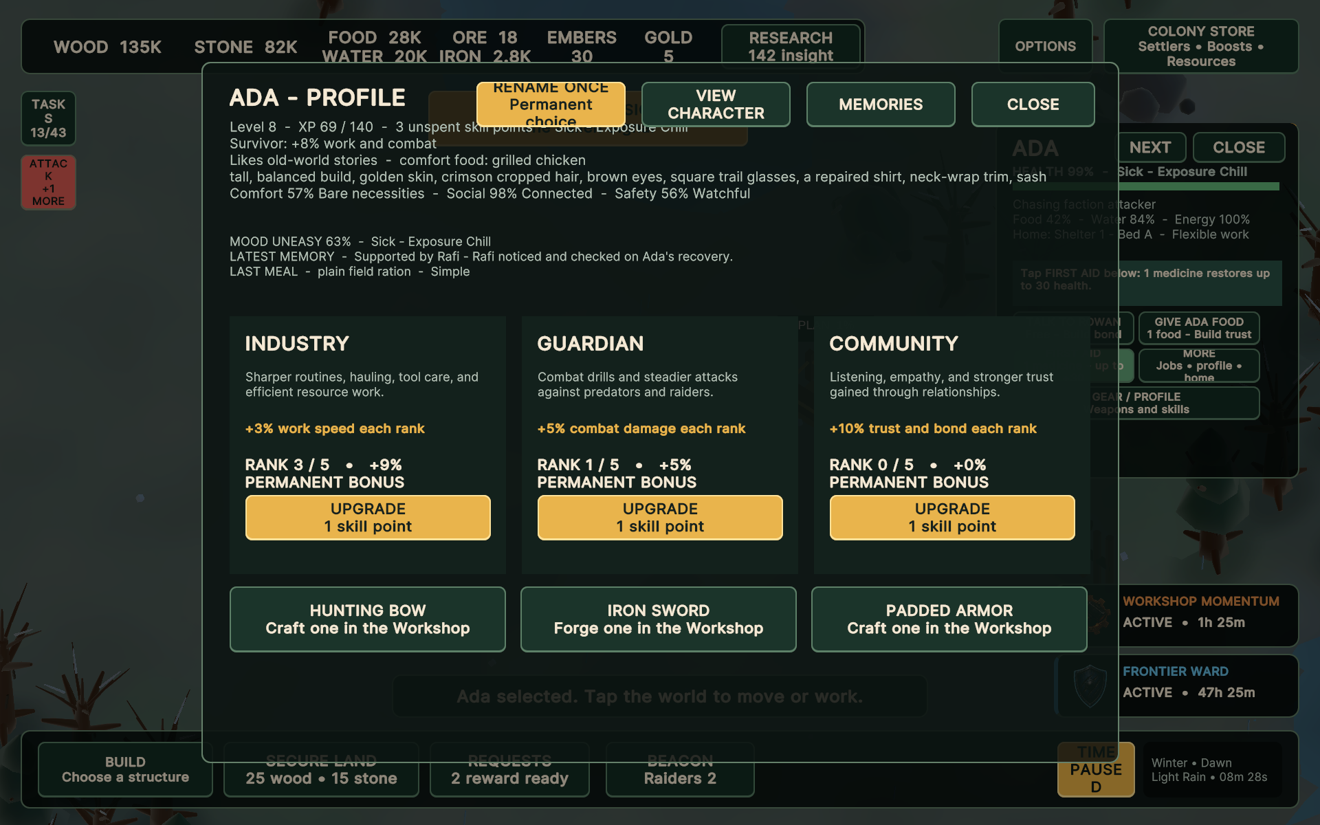 Afterlight resident profile with skills, memories, and equipment progression